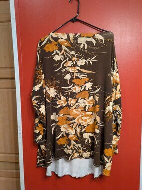 Bryn Walker Floral Cowl Neck Tunic Brown Cream Oversized Lagenlook Top Small